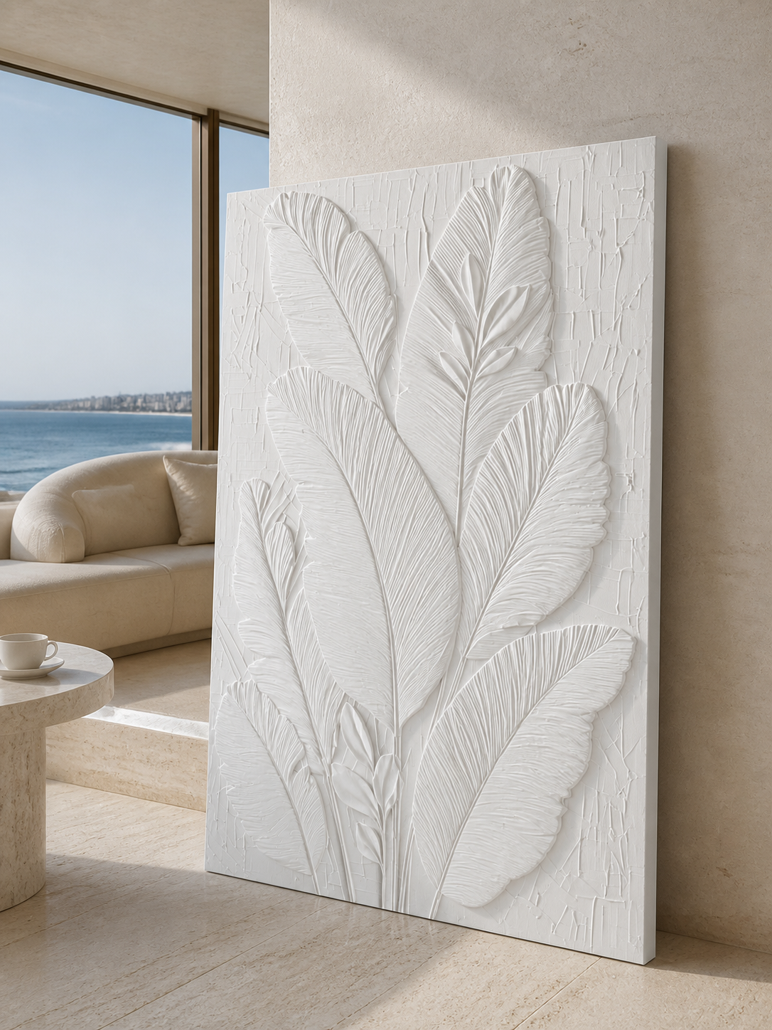 Feather Frond Ensemble satin white Corian wall panel, right view in the Worli dining passage