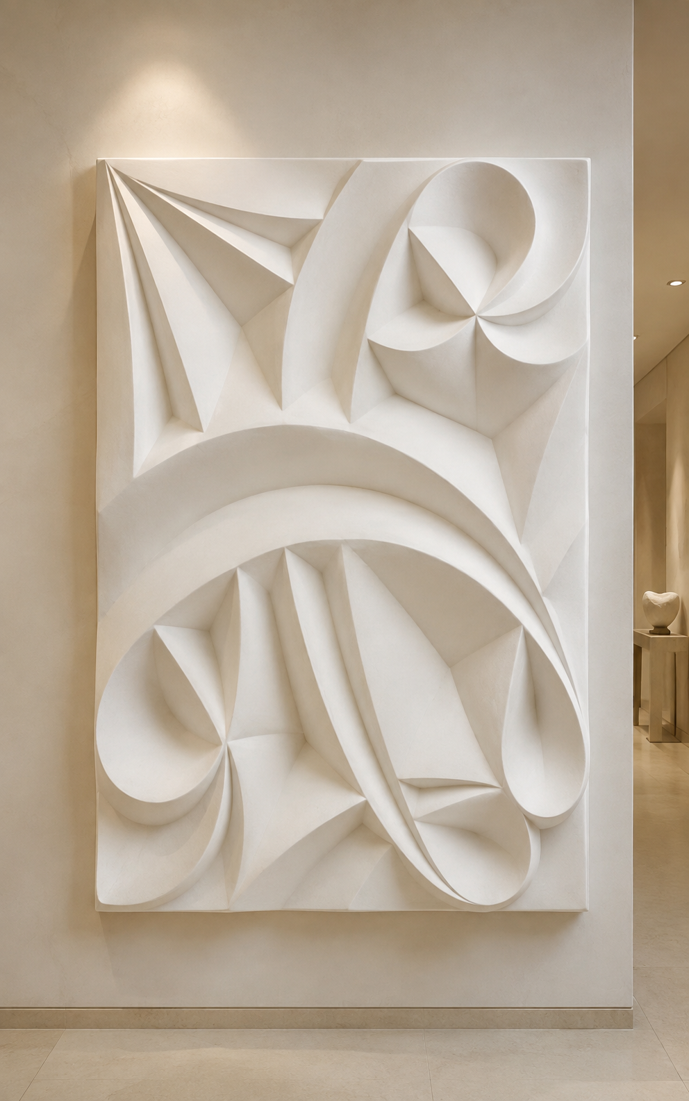 Folded Ribbon Blossom satin white Corian wall panel, front view in the BKC home office