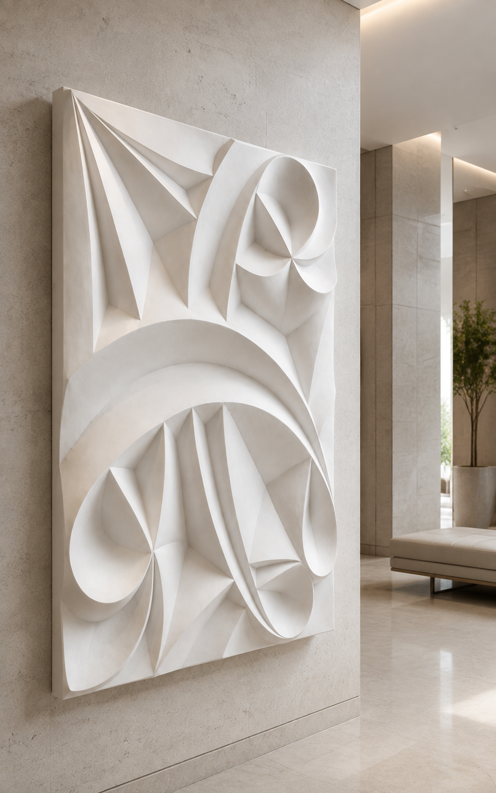 Folded Ribbon Blossom satin white Corian wall panel, left view in the Lower Parel media room
