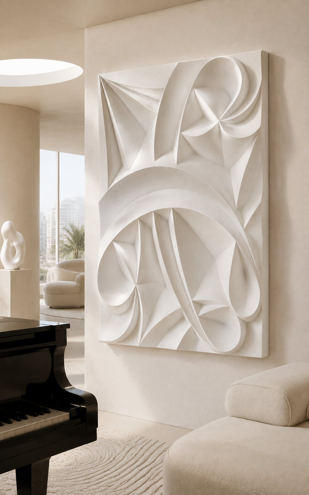 Folded Ribbon Blossom satin white Corian wall panel, right view in the Bandra entrance lobby