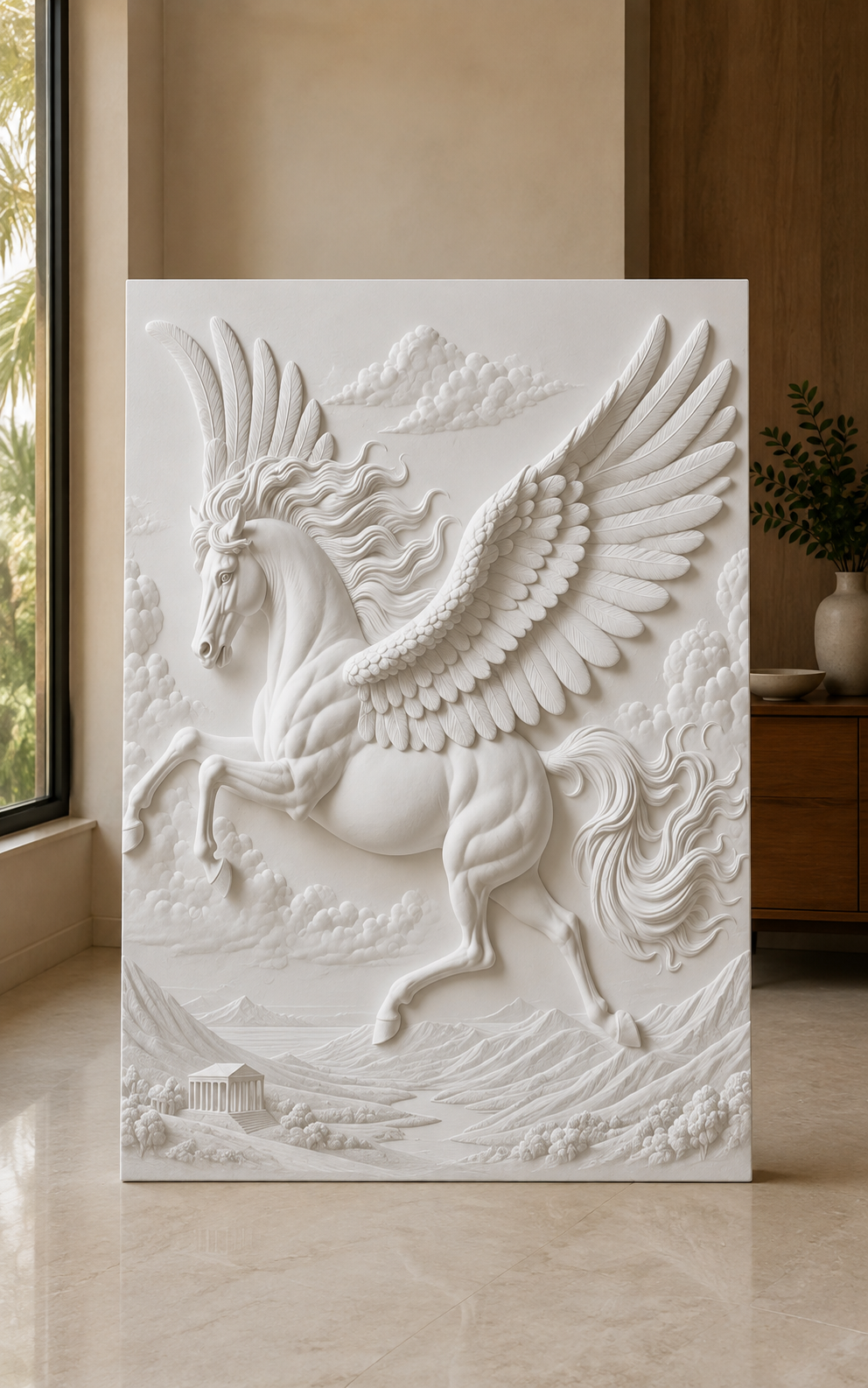 Pegasus Cloudflight satin white Corian wall panel, front view in the Malabar Hill formal living room