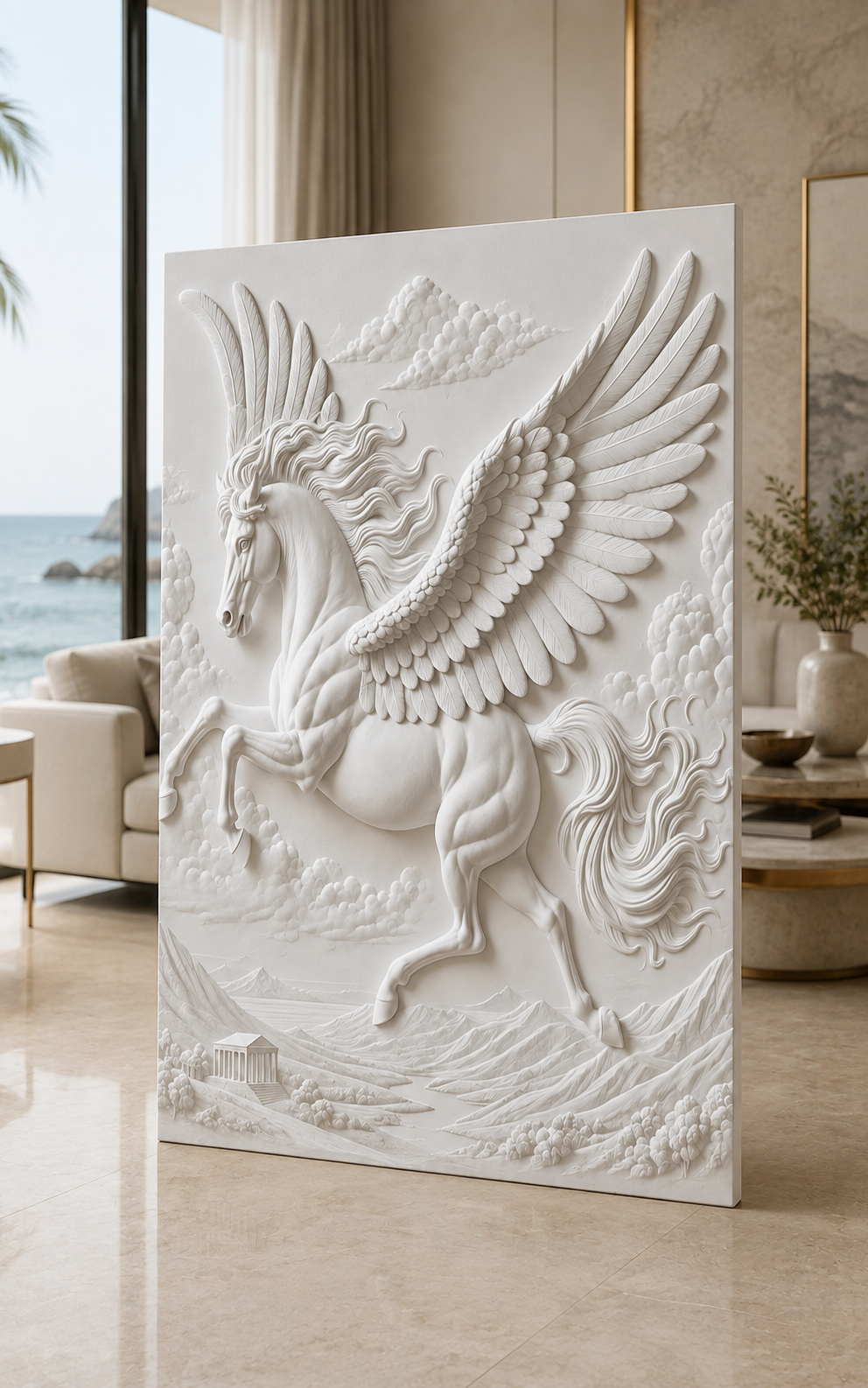 Pegasus Cloudflight satin white Corian wall panel, left view in the Worli double-height foyer