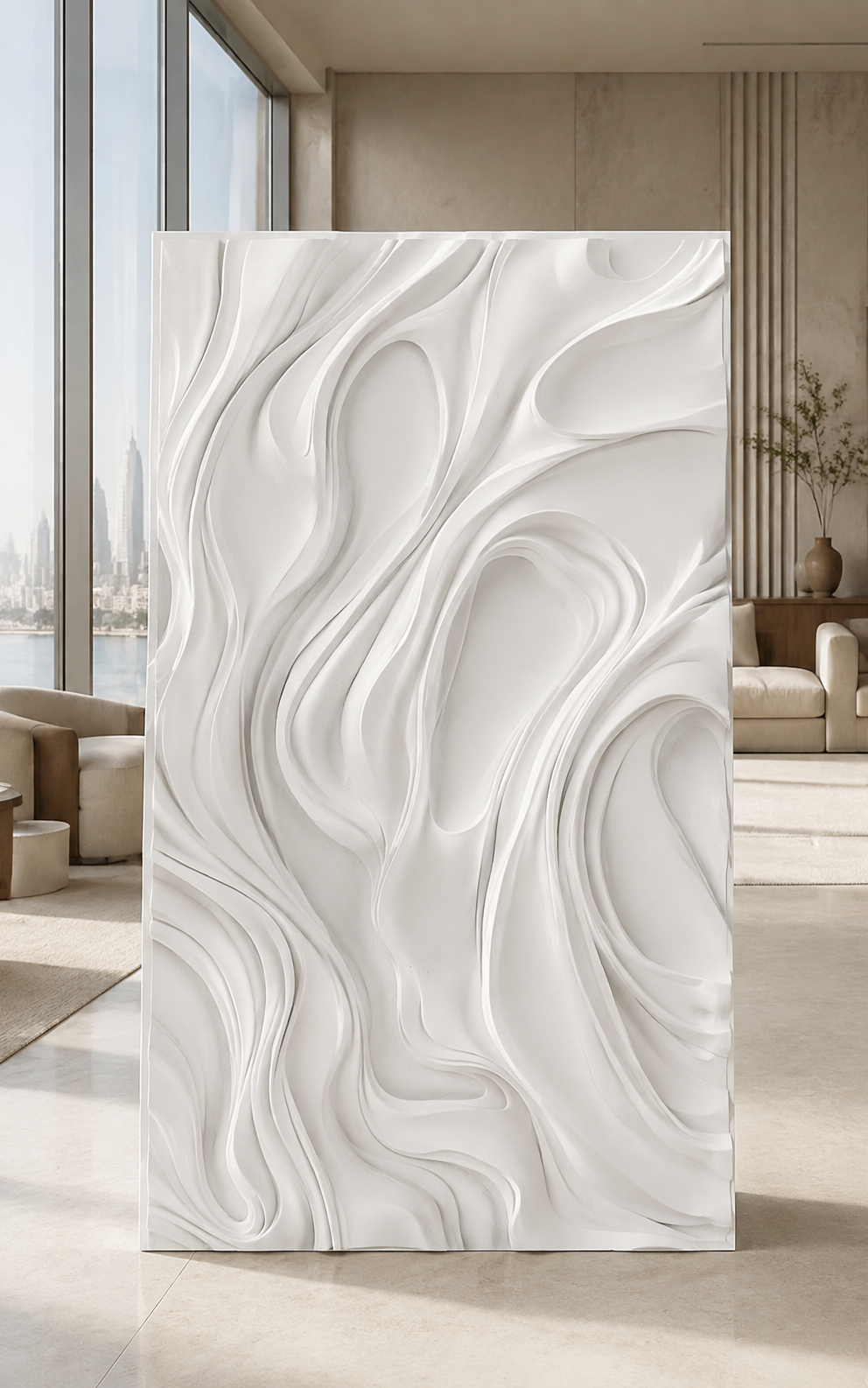 Rose Quartz Flow satin white Corian wall panel, front view in the Worli bedroom sitting area