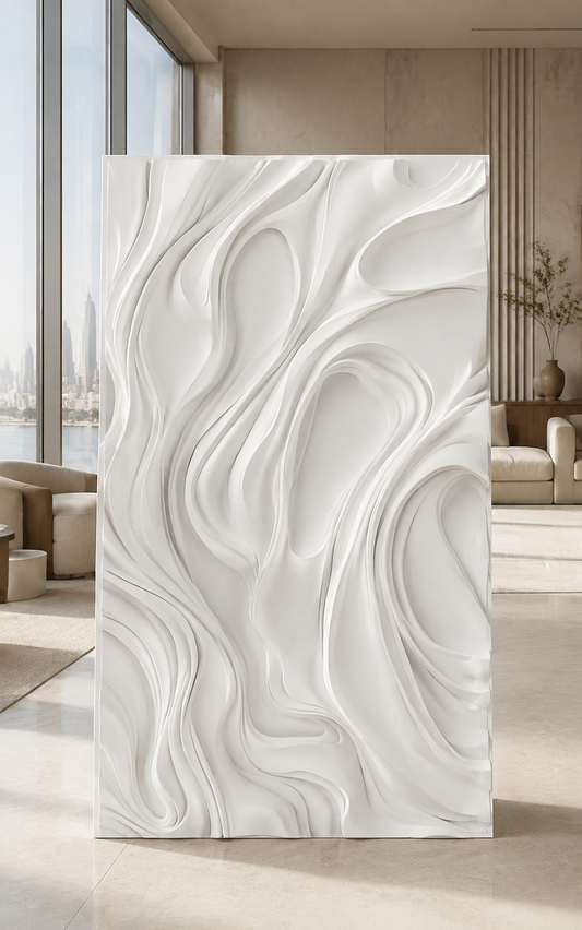 Rose Quartz Flow satin white Corian wall panel, front view in the Worli bedroom sitting area