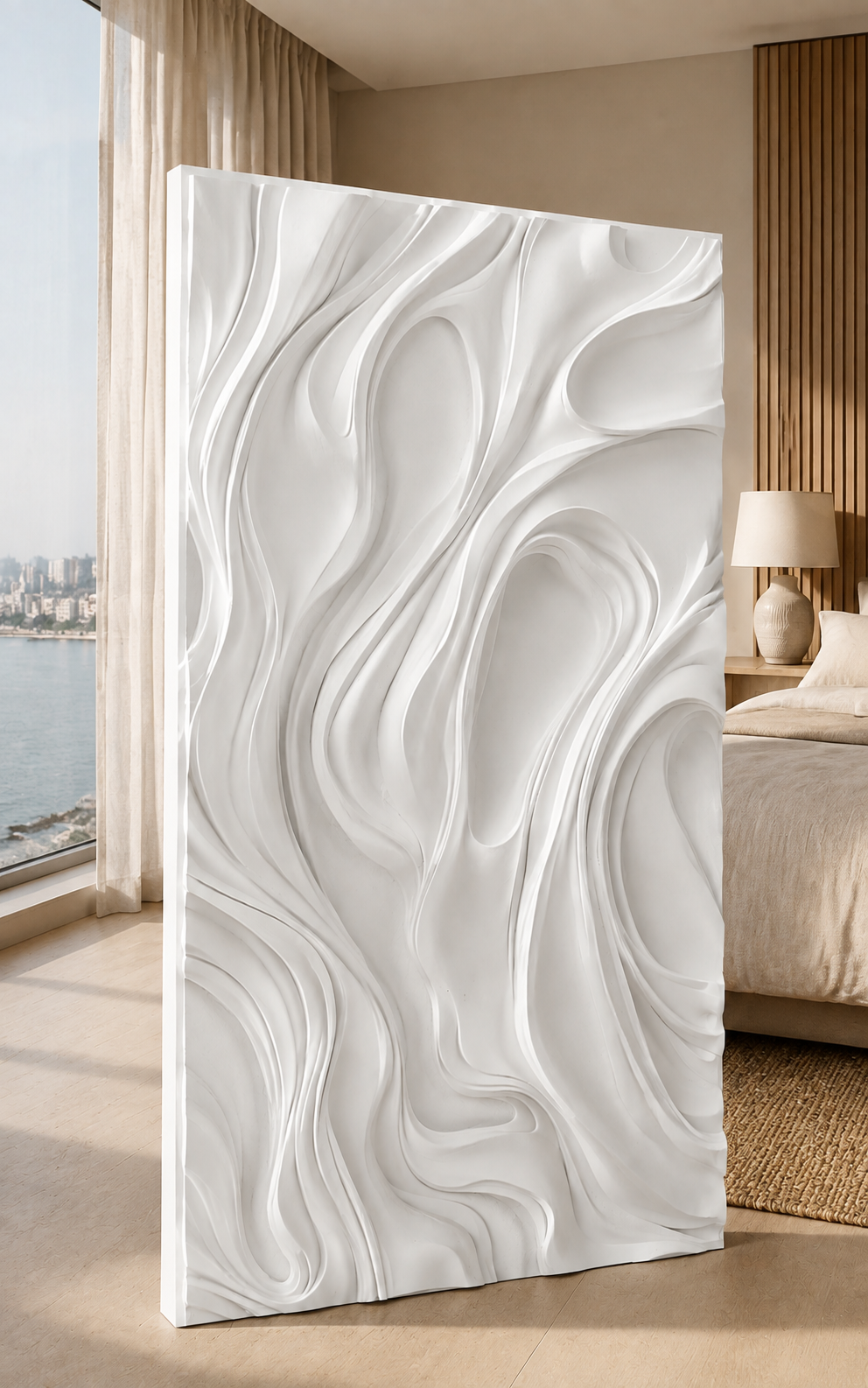 Rose Quartz Flow satin white Corian wall panel, left view in the Bandra wellness lounge