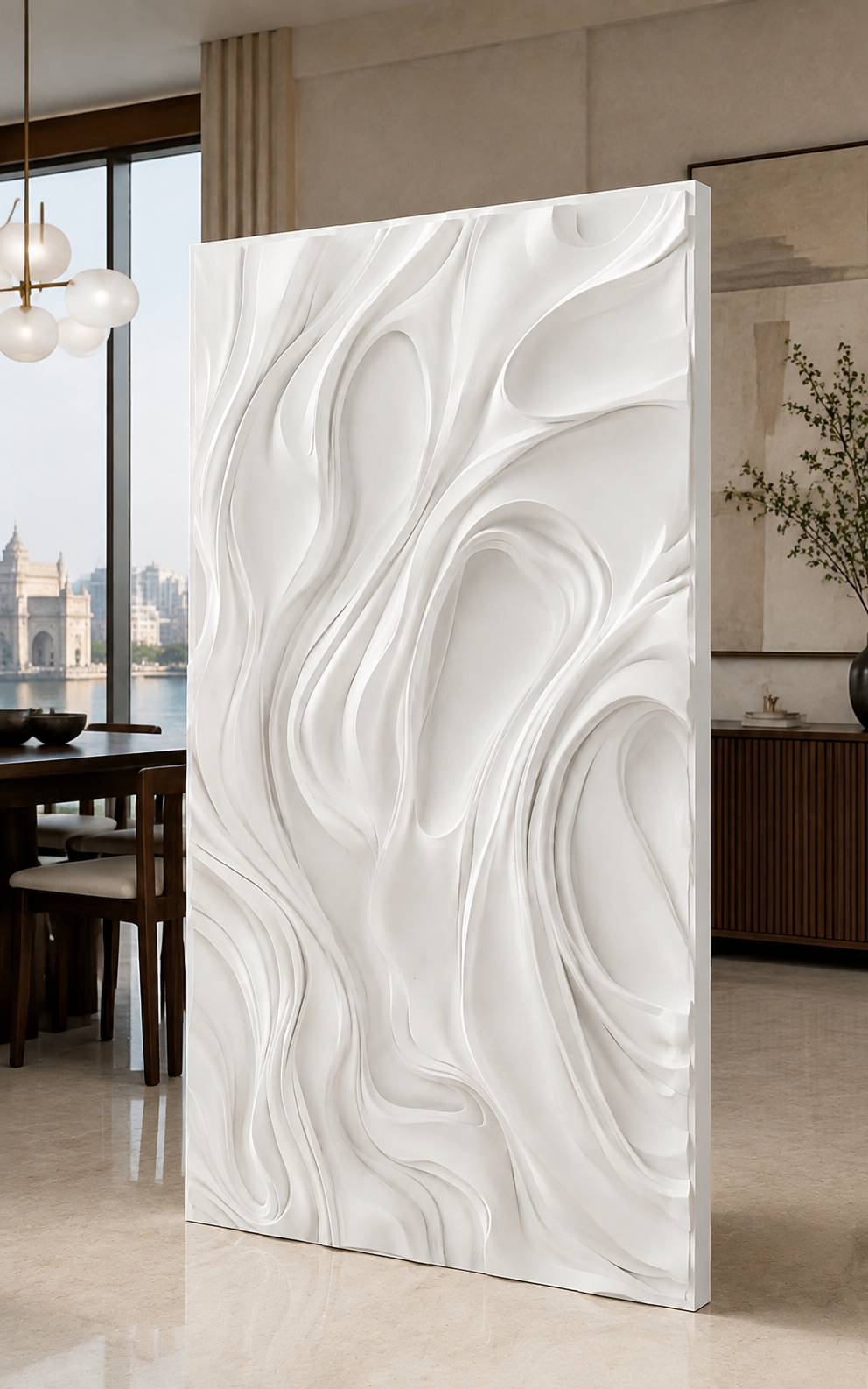 Rose Quartz Flow satin white Corian wall panel, right view in the Powai dining foyer