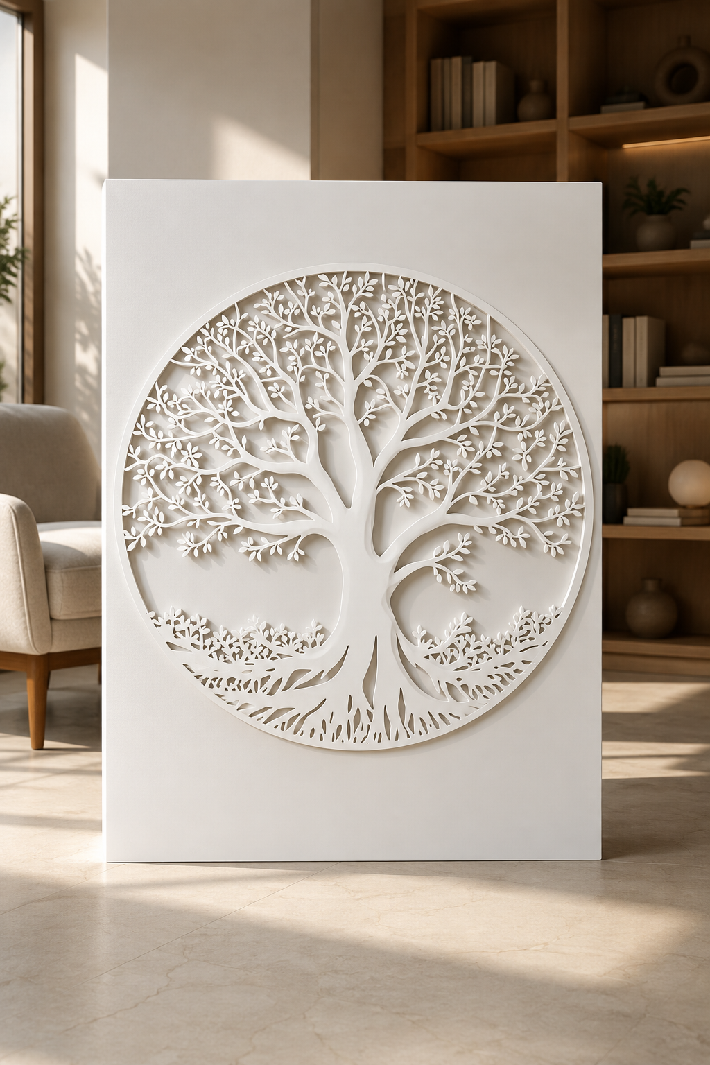 Lattice Tree Medallion satin white Corian wall panel, front view in the South Mumbai formal living room