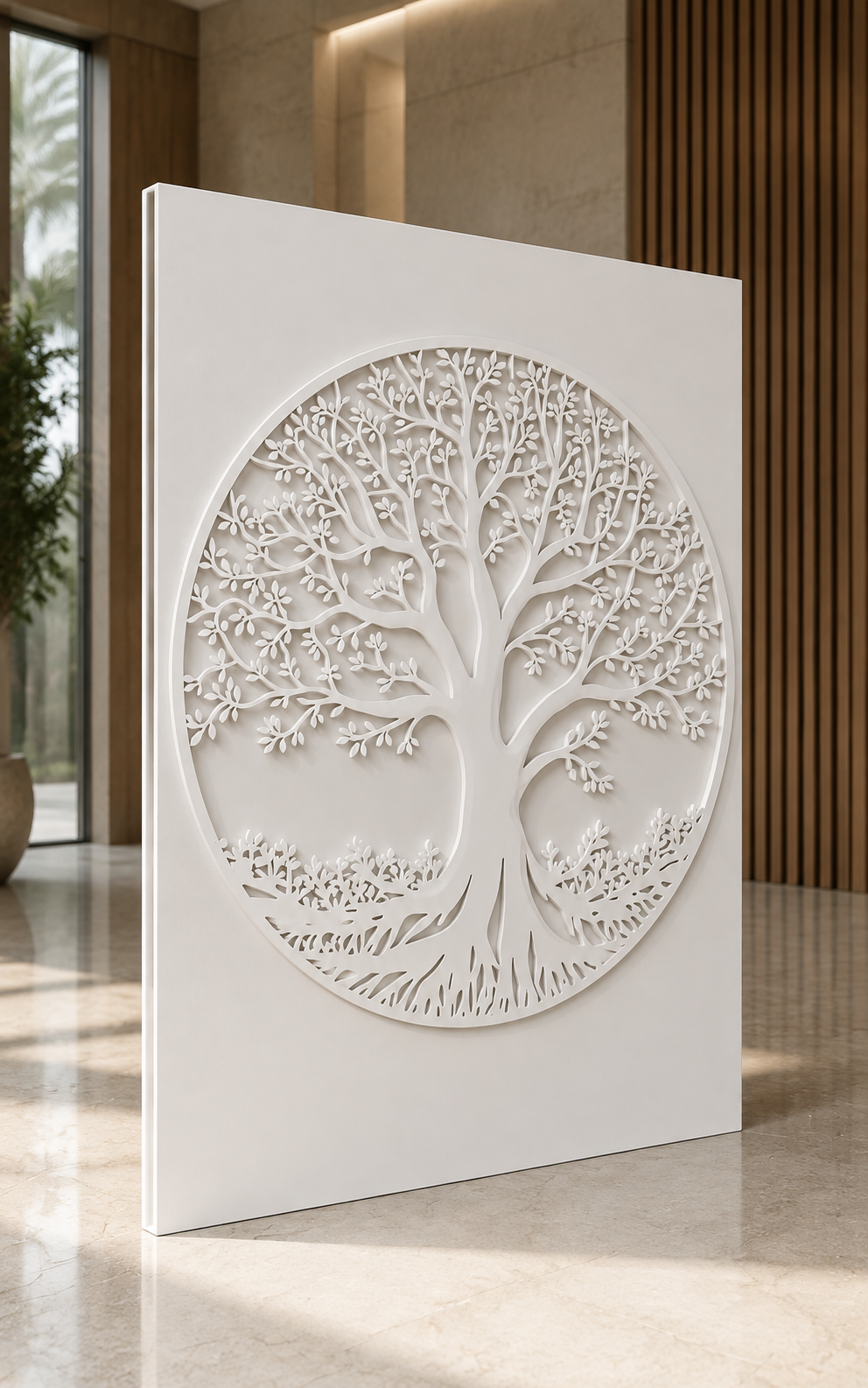 Lattice Tree Medallion satin white Corian wall panel, left view in the Juhu entrance hall