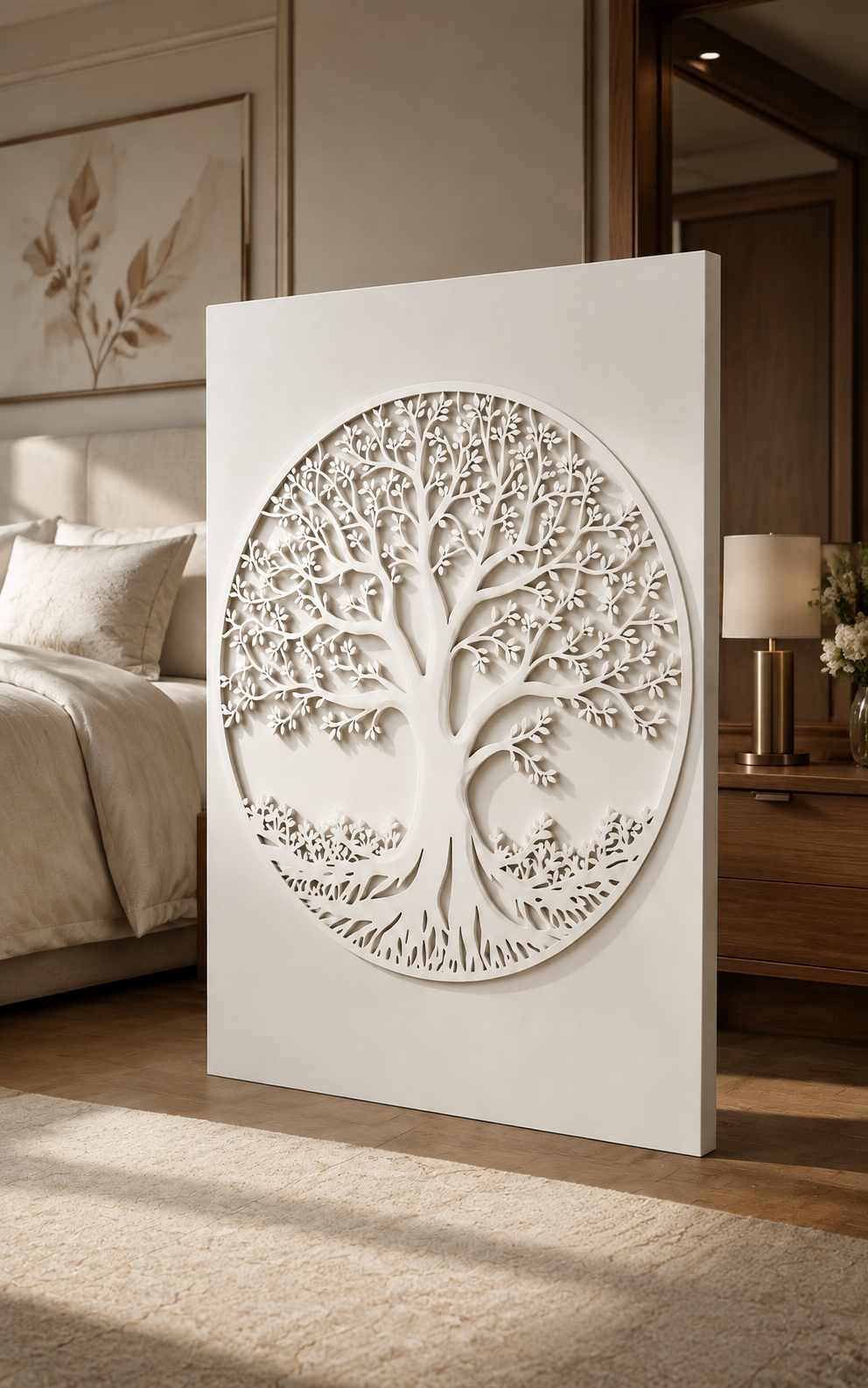Lattice Tree Medallion satin white Corian wall panel, right view in the Powai family lounge