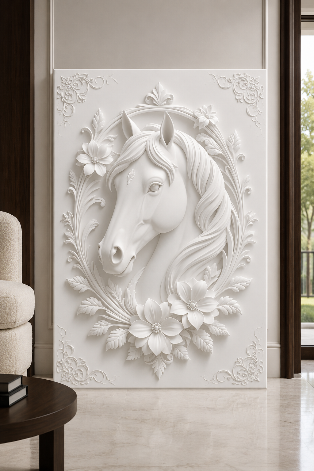 Floral Equine Cameo satin white Corian wall panel, front view in the Worli living room