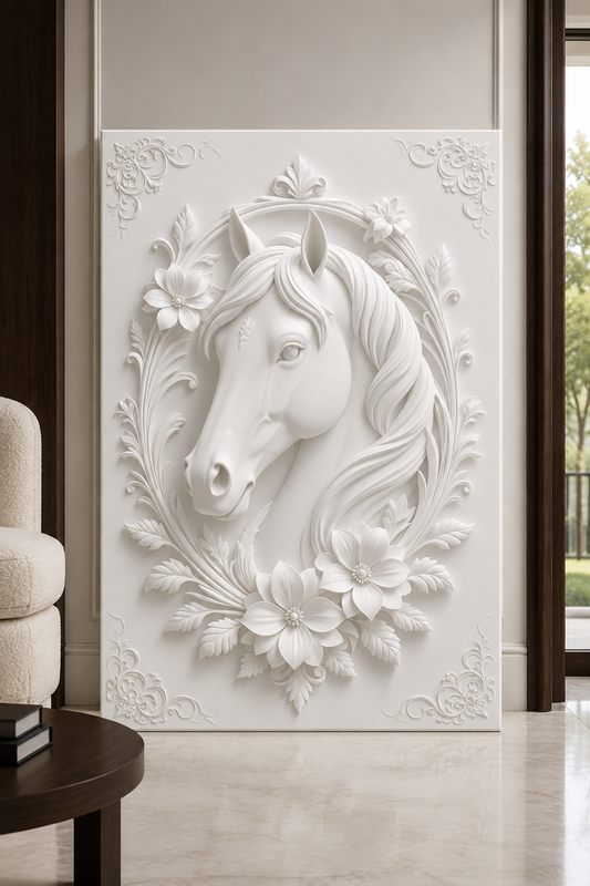 Floral Equine Cameo satin white Corian wall panel, front view in the Worli living room