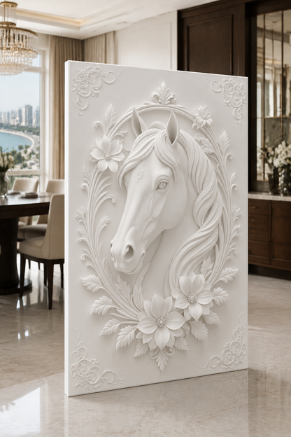 Floral Equine Cameo satin white Corian wall panel, left view in the Bandra study library