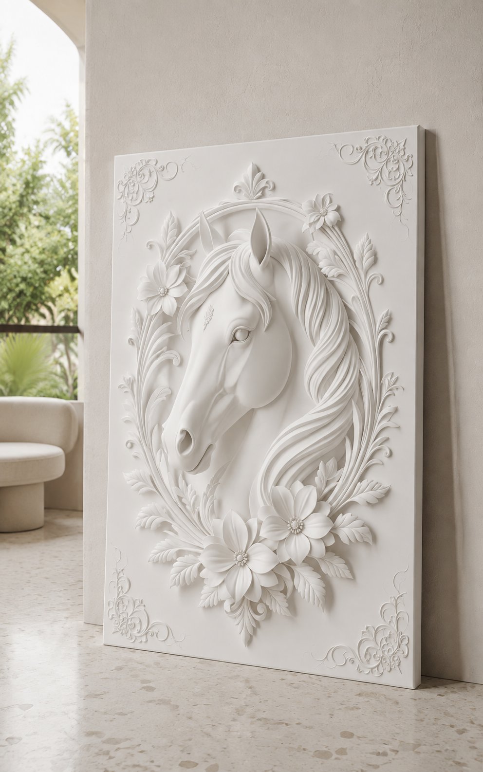 Floral Equine Cameo satin white Corian wall panel, right view in the Juhu dining foyer