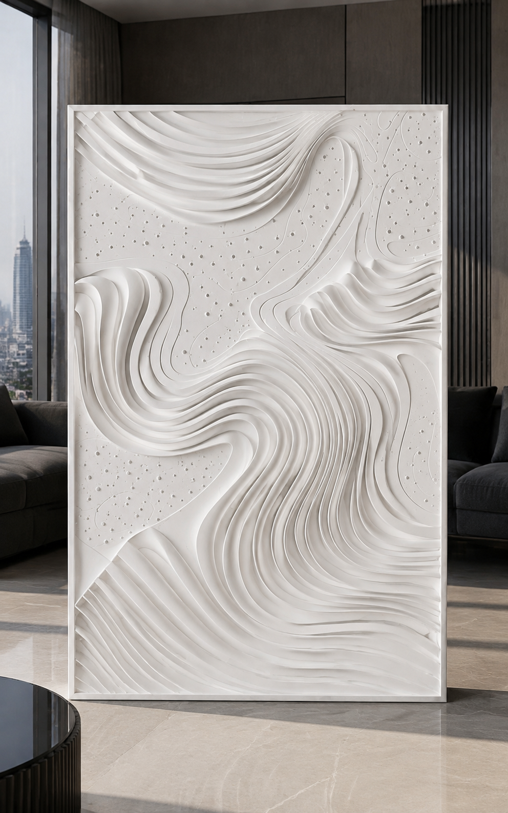 Contour Starfield satin white Corian wall panel, front view in the Lower Parel media lounge