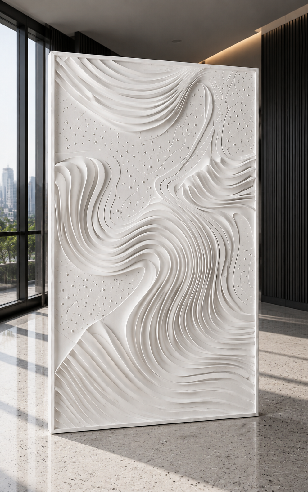 Contour Starfield satin white Corian wall panel, left view in the BKC home office