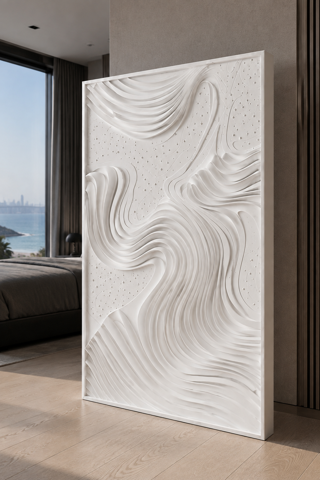 Contour Starfield satin white Corian wall panel, right view in the Marine Drive cocktail room