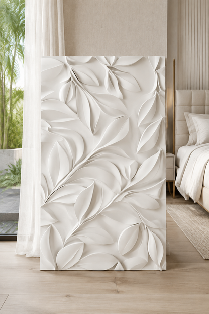 Folded Leaf Cascade satin white Corian wall panel, front view in the Juhu master bedroom