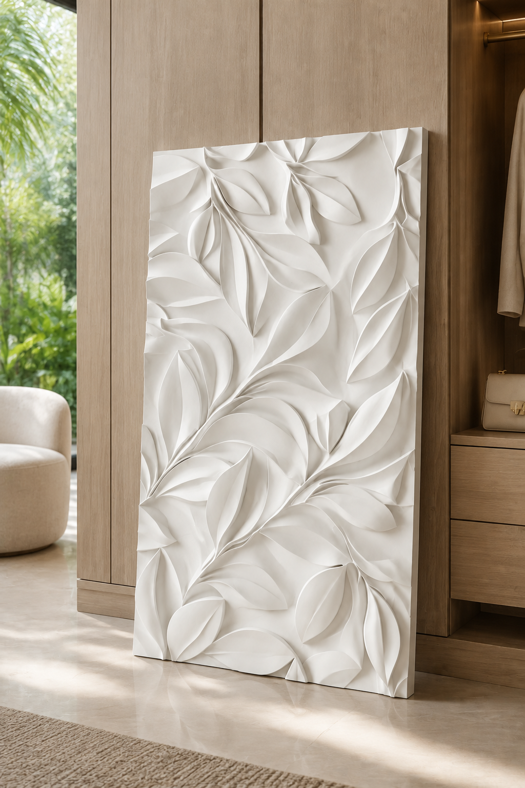 Folded Leaf Cascade satin white Corian wall panel, left view in the Powai living room