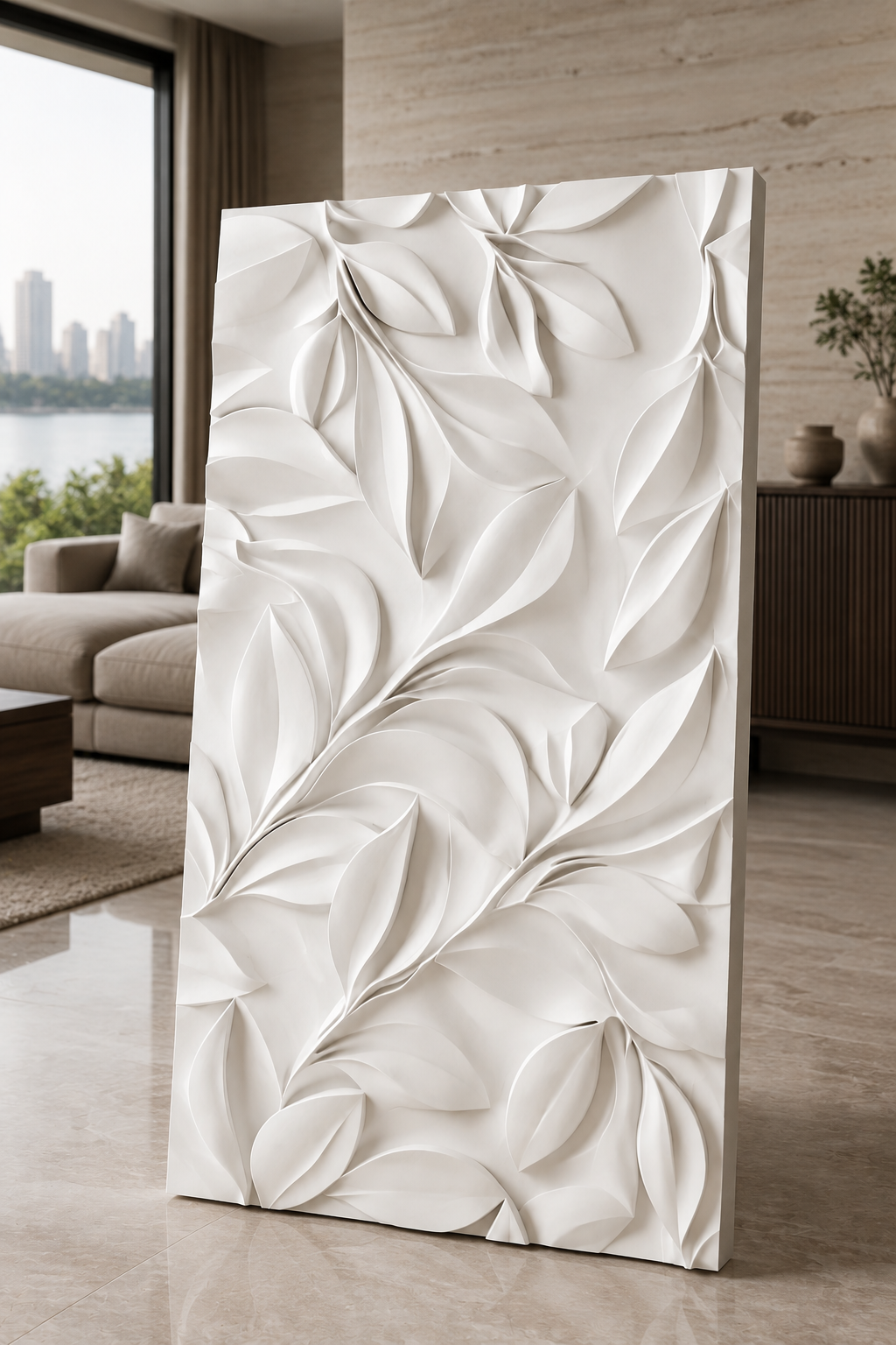 Folded Leaf Cascade satin white Corian wall panel, right view in the Bandra dining passage