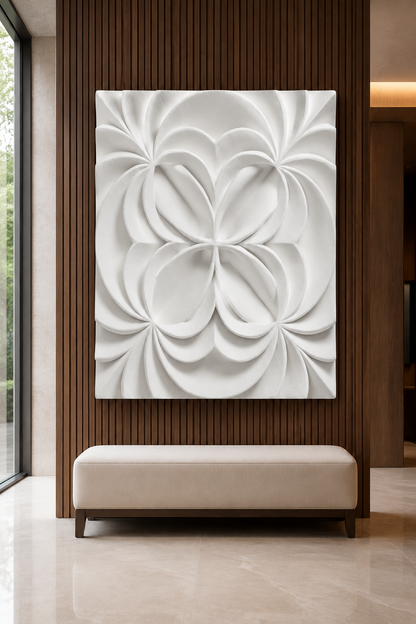 Layered Petal Rosette satin white Corian wall panel, front view in the Peddar Road entrance foyer