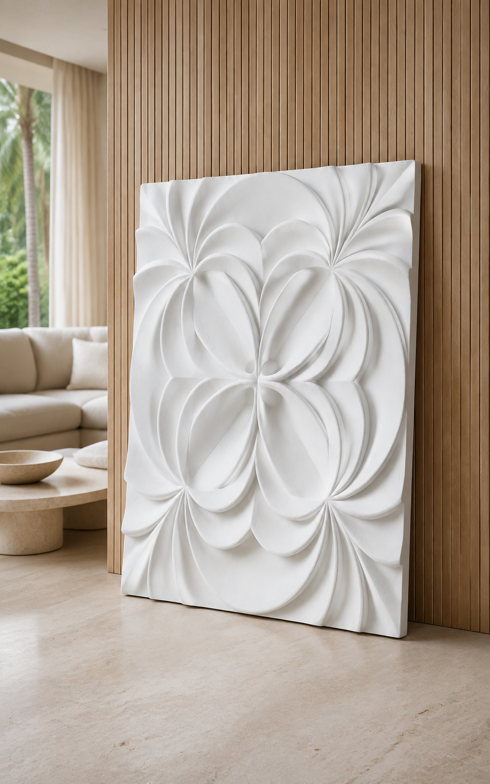 Layered Petal Rosette satin white Corian wall panel, left view in the Worli bedroom lounge