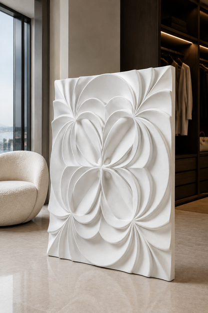 Layered Petal Rosette satin white Corian wall panel, right view in the BKC dining room