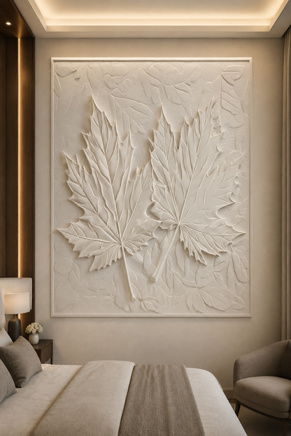 Maple Leaf Pair satin white Corian wall panel, front view in the Malabar Hill master bedroom