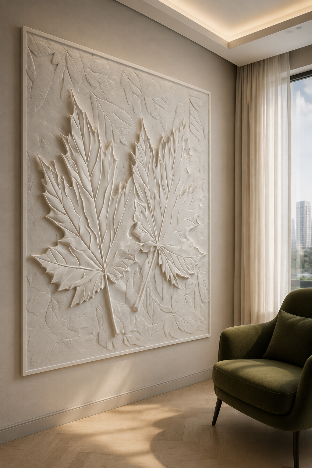 Maple Leaf Pair satin white Corian wall panel, left view in the Juhu living lounge