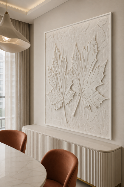 Maple Leaf Pair satin white Corian wall panel, right view in the Powai dining niche