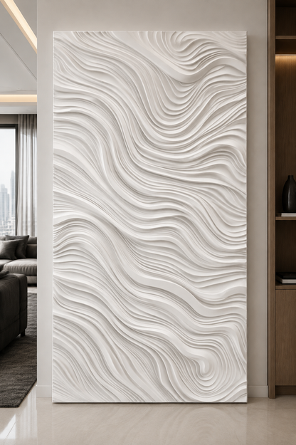 Timber Strata Flow satin white Corian wall panel, front view in the Lower Parel living room