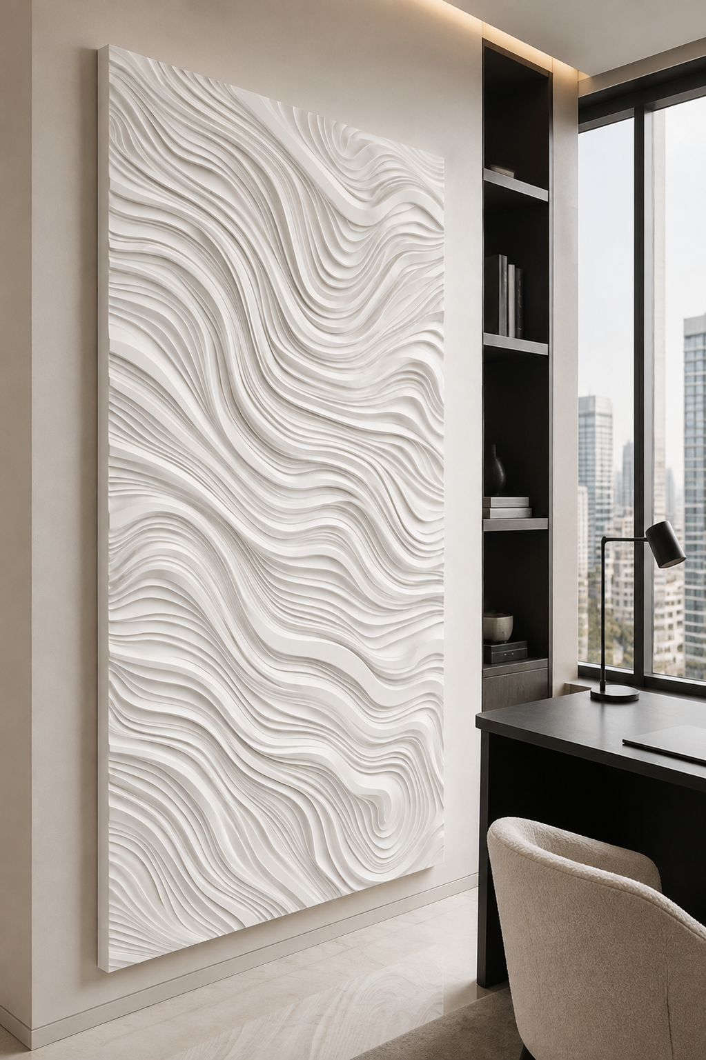 Timber Strata Flow satin white Corian wall panel, left view in the BKC study lounge