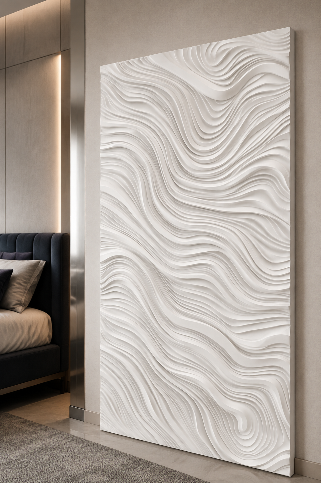 Timber Strata Flow satin white Corian wall panel, right view in the Worli dining alcove