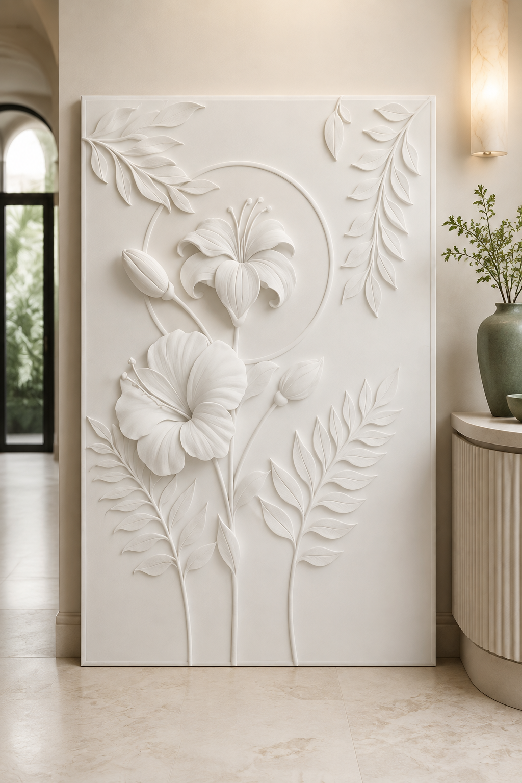 Circular Floral Branch satin white Corian wall panel, front view in the Bandra family lounge