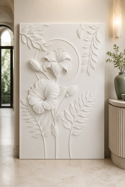 Circular Floral Branch satin white Corian wall panel, front view in the Bandra family lounge