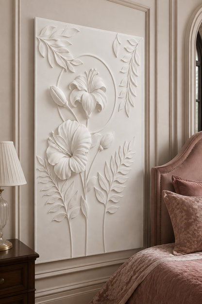 Circular Floral Branch satin white Corian wall panel, left view in the Juhu bedroom sitting area
