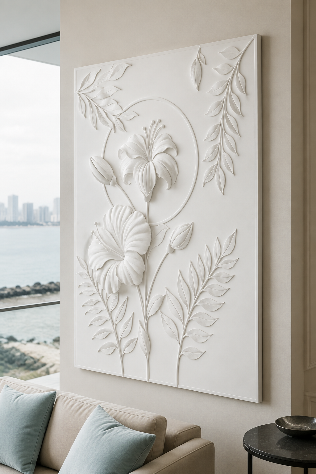 Circular Floral Branch satin white Corian wall panel, right view in the South Mumbai dining foyer