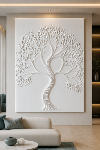 Arc Canopy Tree satin white Corian wall panel, front view in the Worli sea-view living room