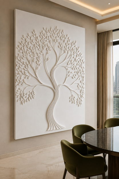 Arc Canopy Tree satin white Corian wall panel, left view in the Malabar Hill entrance gallery