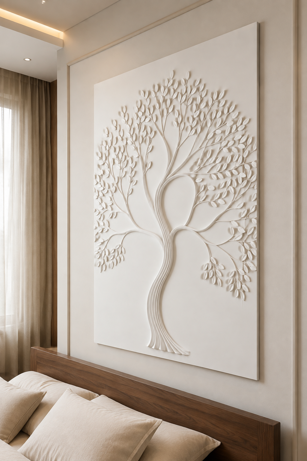 Arc Canopy Tree satin white Corian wall panel, right view in the Powai family dining room
