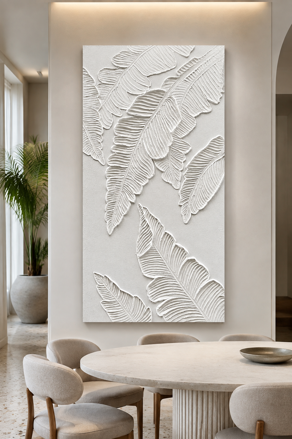 Banana Leaf Weave satin white Corian wall panel, front view in the Juhu living room