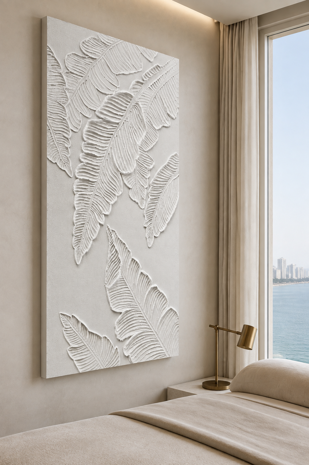 Banana Leaf Weave satin white Corian wall panel, left view in the Bandra balcony lounge