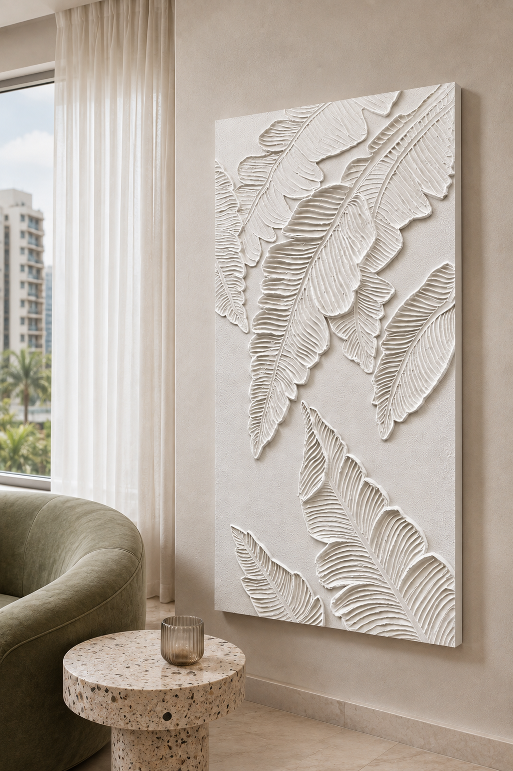 Banana Leaf Weave satin white Corian wall panel, right view in the Powai dining area
