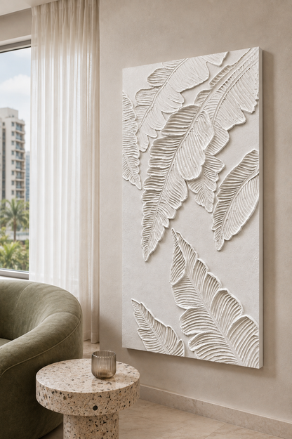 Banana Leaf Weave satin white Corian wall panel, right view in the Powai dining area