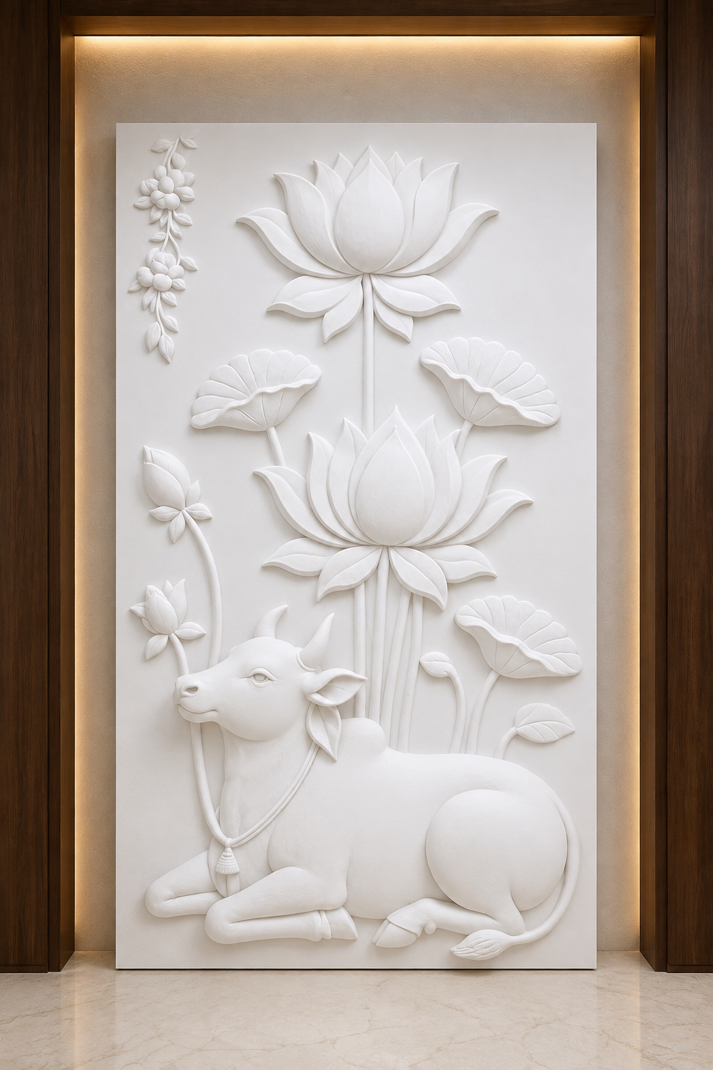Nandi Lotus Sanctuary satin white Corian wall panel, front view in the Ghatkopar prayer foyer