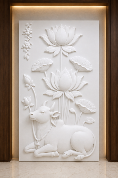 Nandi Lotus Sanctuary satin white Corian wall panel, front view in the Ghatkopar prayer foyer