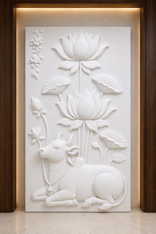 Nandi Lotus Sanctuary satin white Corian wall panel, front view in the Ghatkopar prayer foyer