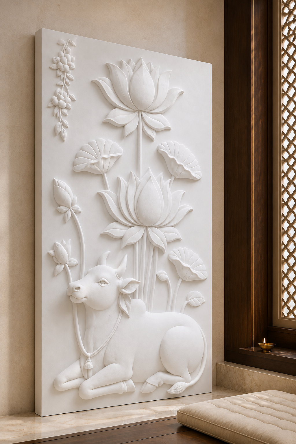 Nandi Lotus Sanctuary satin white Corian wall panel, left view in the Juhu pooja-room anteroom