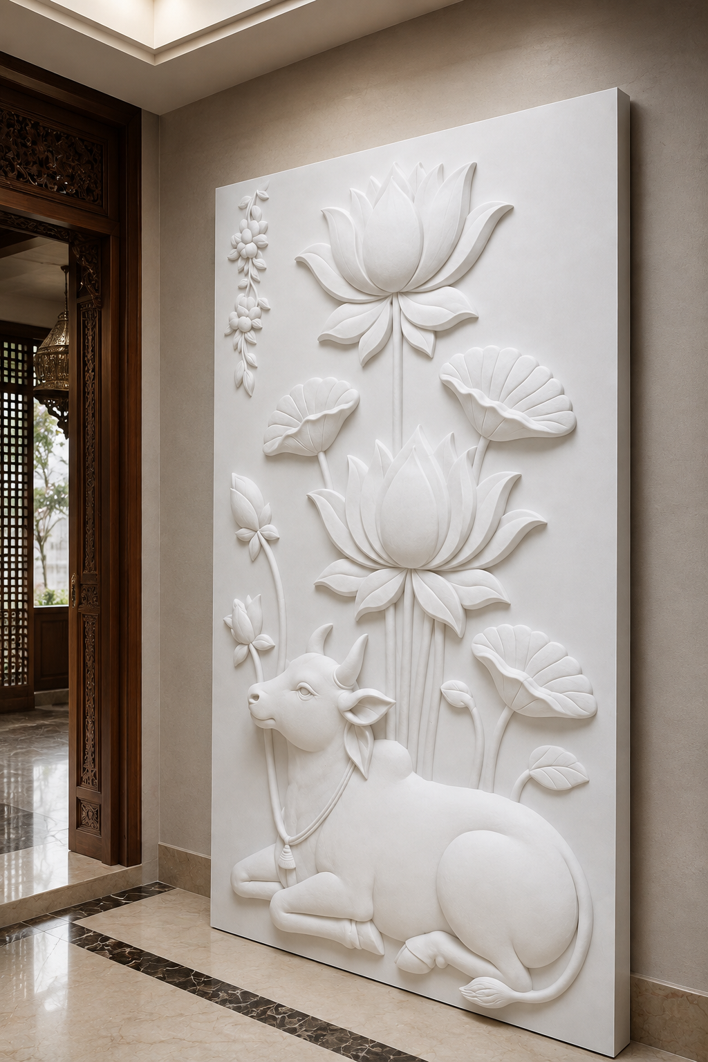 Nandi Lotus Sanctuary satin white Corian wall panel, right view in the South Mumbai family sanctuary