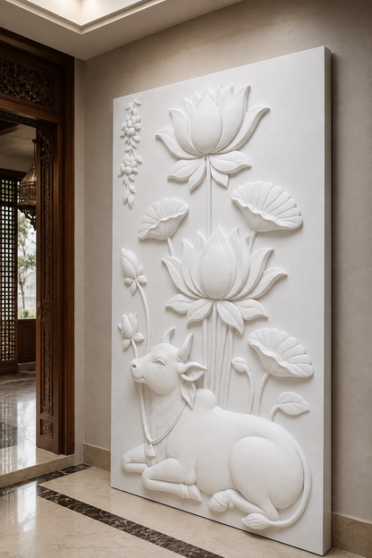 Nandi Lotus Sanctuary satin white Corian wall panel, right view in the South Mumbai family sanctuary
