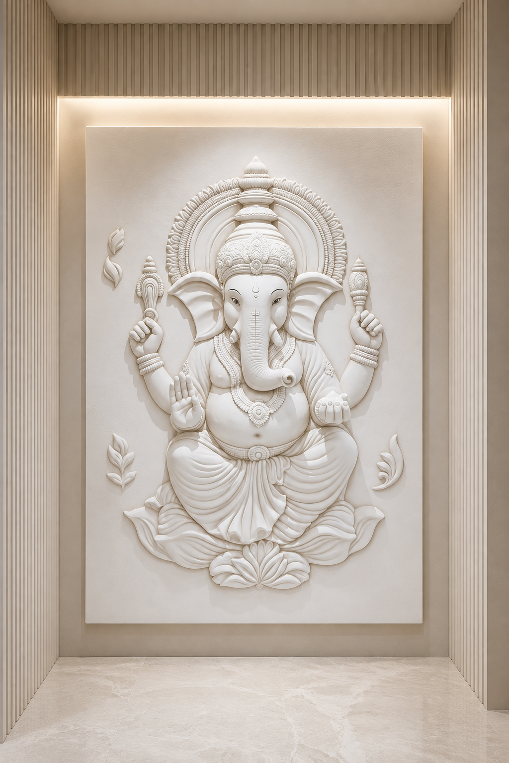 Ganesha Entry Shrine satin white Corian wall panel, front view in the South Mumbai entrance sanctuary